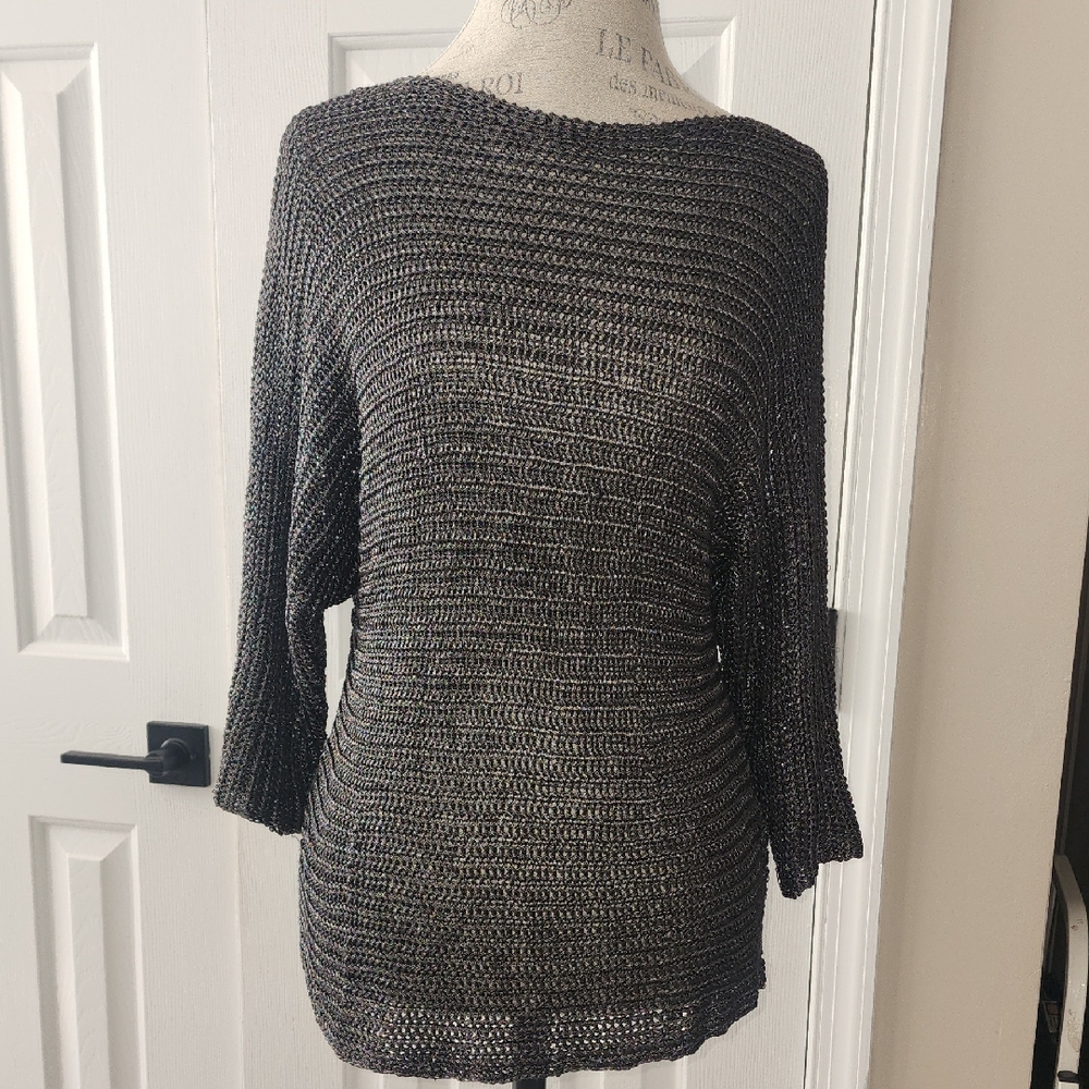 VINCE EUC GUNMETAL WOVEN CROCHET KNIT DOLMAN SLEEVE TALL PETITE SWEATER XS